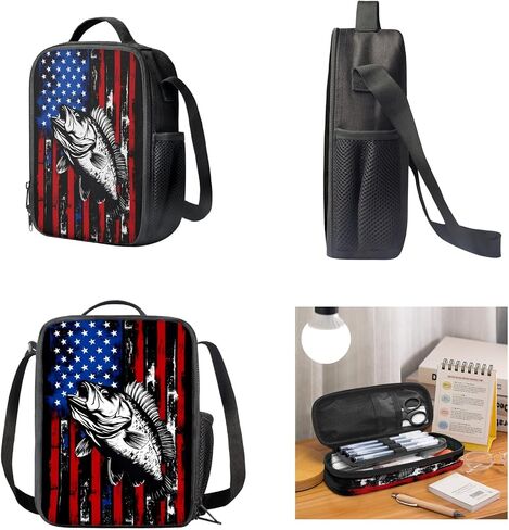 Binienty American Flag School Backpack for Girls 3 In 1 Bass Fish Lightweight Bookbag Lunch Box Pencil Case Set for Preschool Kindergarten Elementary Kids in Saudi Arabia