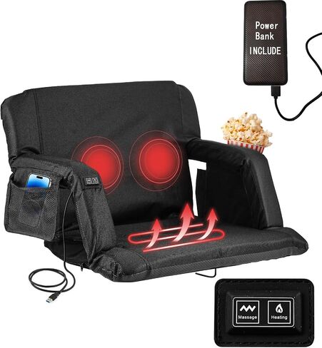 Heated Massage Stadium Seats, 25 Inch Folding Bleacher Chair 3 Levels of Heat & 6 Massage, 6 Reclining Positions for Indoor Stadiums, Baseball Stadiums in Saudi Arabia