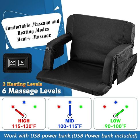 Heated Massage Stadium Seats, 25 Inch Folding Bleacher Chair 3 Levels of Heat & 6 Massage, 6 Reclining Positions for Indoor Stadiums, Baseball Stadiums in Saudi Arabia