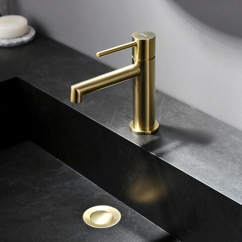 Single Hole Brass Brushed Gold Bathroom Faucet with Pop-up Sink Drain Assembly and Faucet Supply Hose, Indare Copper Single Handle Lavatory Sink Basin Faucets in Saudi Arabia