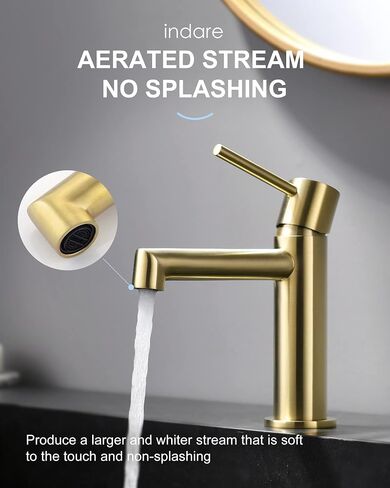 Single Hole Brass Brushed Gold Bathroom Faucet with Pop-up Sink Drain Assembly and Faucet Supply Hose, Indare Copper Single Handle Lavatory Sink Basin Faucets in Saudi Arabia