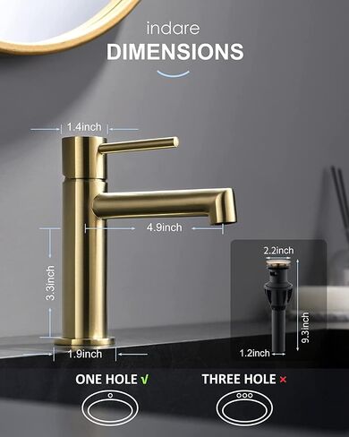 Single Hole Brass Brushed Gold Bathroom Faucet with Pop-up Sink Drain Assembly and Faucet Supply Hose, Indare Copper Single Handle Lavatory Sink Basin Faucets in Saudi Arabia