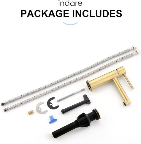 Single Hole Brass Brushed Gold Bathroom Faucet with Pop-up Sink Drain Assembly and Faucet Supply Hose, Indare Copper Single Handle Lavatory Sink Basin Faucets in Saudi Arabia