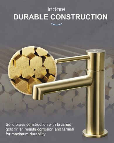 Single Hole Brass Brushed Gold Bathroom Faucet with Pop-up Sink Drain Assembly and Faucet Supply Hose, Indare Copper Single Handle Lavatory Sink Basin Faucets in Saudi Arabia