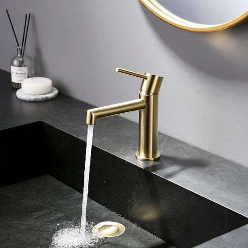 Single Hole Brass Brushed Gold Bathroom Faucet with Pop-up Sink Drain Assembly and Faucet Supply Hose, Indare Copper Single Handle Lavatory Sink Basin Faucets in Saudi Arabia