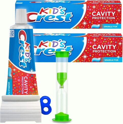 Crest Kids Cavity Protection & Enamel Care Bundle by Alpha Crate: 2-Pack Crest Kid's Cavity Protection Toothpaste Sparkle Fun Flavor, 4.6 oz, Toothpaste Sqeezer and 2 Minute Brushing Timer in Saudi Arabia
