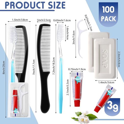 مجموعة 100 فرشاة أسنان للسفر من سويسين مع مجموعة معجون أسنان، فرش أسنان مغلفة بشكل فردي للاستعمال مرة واحدة مع مشط معجون الأسنان وشريط صابون وخيط تنظيف الأسنان للسفر والفندق ومأوى التمريض المنزلي in Kuwait