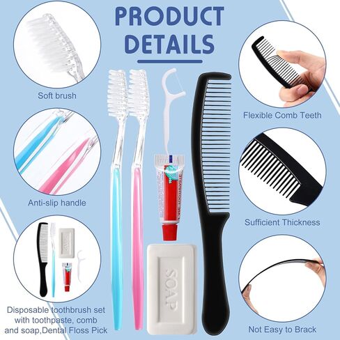 مجموعة 100 فرشاة أسنان للسفر من سويسين مع مجموعة معجون أسنان، فرش أسنان مغلفة بشكل فردي للاستعمال مرة واحدة مع مشط معجون الأسنان وشريط صابون وخيط تنظيف الأسنان للسفر والفندق ومأوى التمريض المنزلي in Kuwait