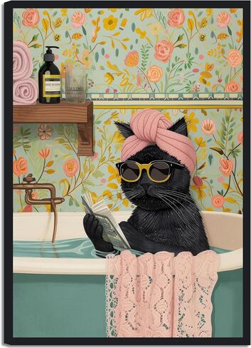 Grengel Funny Black Cat Bathroom Canvas Wall Art Cute cat Bathroom Paintings Pictures Wall Decor Eclectic Aesthetic Poster Printings for Bathroom Toilet Home Decoration Unframed in Saudi Arabia
