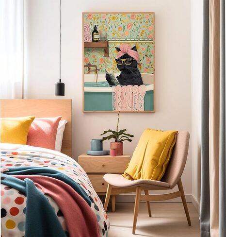 Grengel Funny Black Cat Bathroom Canvas Wall Art Cute cat Bathroom Paintings Pictures Wall Decor Eclectic Aesthetic Poster Printings for Bathroom Toilet Home Decoration Unframed in Saudi Arabia