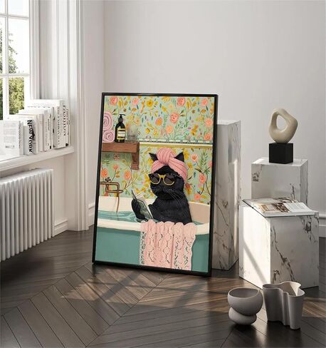 Grengel Funny Black Cat Bathroom Canvas Wall Art Cute cat Bathroom Paintings Pictures Wall Decor Eclectic Aesthetic Poster Printings for Bathroom Toilet Home Decoration Unframed in Saudi Arabia