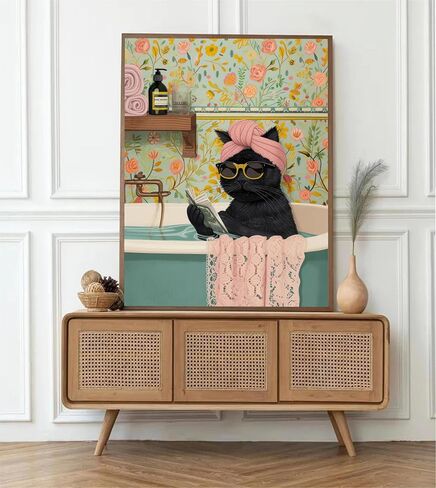 Grengel Funny Black Cat Bathroom Canvas Wall Art Cute cat Bathroom Paintings Pictures Wall Decor Eclectic Aesthetic Poster Printings for Bathroom Toilet Home Decoration Unframed in Saudi Arabia