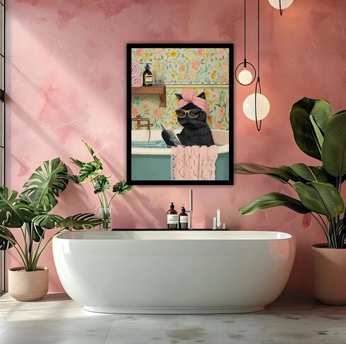 Grengel Funny Black Cat Bathroom Canvas Wall Art Cute cat Bathroom Paintings Pictures Wall Decor Eclectic Aesthetic Poster Printings for Bathroom Toilet Home Decoration Unframed in Saudi Arabia