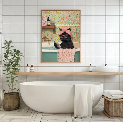 Grengel Funny Black Cat Bathroom Canvas Wall Art Cute cat Bathroom Paintings Pictures Wall Decor Eclectic Aesthetic Poster Printings for Bathroom Toilet Home Decoration Unframed in Saudi Arabia