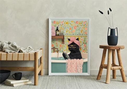 Grengel Funny Black Cat Bathroom Canvas Wall Art Cute cat Bathroom Paintings Pictures Wall Decor Eclectic Aesthetic Poster Printings for Bathroom Toilet Home Decoration Unframed in Saudi Arabia
