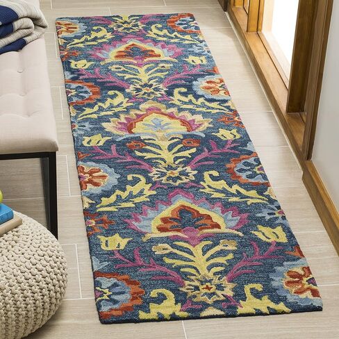 سجادة عداء من مجموعة SAFAVIEH Suzani - 2'3" x 12'، زرقاء ومتعددة، صوف بوهو معقوف يدويًا، مثالية للمناطق ذات حركة المرور العالية في غرفة المعيشة وغرفة النوم (SZN312A) in Saudi Arabia