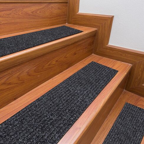Ottomanson Scrabe Rib Collection Waterproof Non-Slip Rubberback Solid Design 8" x 30" Indoor/Outdoor Stair Treads, 7 Pack, Black in Saudi Arabia