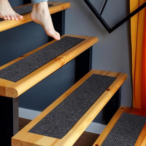 Ottomanson Scrabe Rib Collection Waterproof Non-Slip Rubberback Solid Design 8" x 30" Indoor/Outdoor Stair Treads, 7 Pack, Black in Saudi Arabia