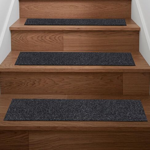 Ottomanson Scrabe Rib Collection Waterproof Non-Slip Rubberback Solid Design 8" x 30" Indoor/Outdoor Stair Treads, 7 Pack, Black in Saudi Arabia