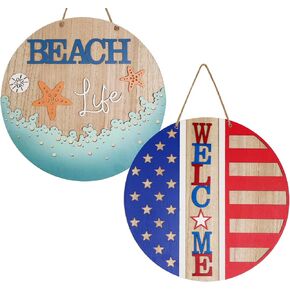 DECSPAS 4th of July Decorations, 12 inch Double Sided Welcome Door Sign Patriotic Wreath for Summer Decor, Wooden Beach Hanging Sign for Front Door Wall Porch Home Indoor Outdoor