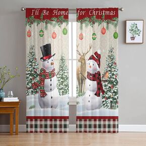 Christmas Sheer Curtains 84 Inch Length 2 Panels Set, Christmas Snowman Kitchen Curtains Rod Pocket Semi Sheer Drapes for Bedroom Living Room, Xmas Tree Elk Voile Curtain I'll Be Home for Christmas