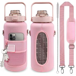 Half Gallon Water Bottle with Sleeve, 64 oz (2 L) Water Bottle BPA Free with Straw and Time Marker, Reusable Water Bottle for Unisex Sports, Fitness, Workout in Kuwait