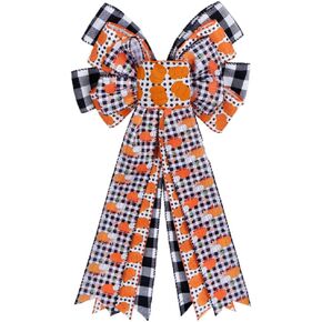 Thanksgiving Decorations Fall Wreath Bow Large Black White Buffalo Plaid Fall Pumpkin Bow Tree Topper for Fall Thanksgiving Halloween Christmas Front Door Wreath Home Indoor Outdoor Decor in Kuwait