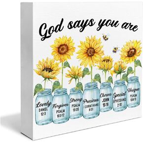 Inspirational Bible Verse Wooden Box Sign Christian Home Decor Sunflower God Says You Are Scriptures Wood Sign Desk Decoration Religious Wood Block Plaque Box Sign for Shelf Home Office 5 x 5 Inches