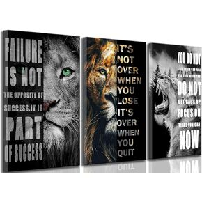 3 Pieces Office Inspirational Canvas Wall Art Modern Motivational Quotes Black And White Lion Pictures Wall Decor Inspiring Poster Print Artwork for Living room Man Room Bedroom Home Decoration