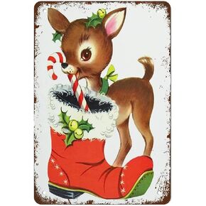 Christmas Wall Art,Retro Reindeer,Christmas Wall Art,Vintage Reindeer,Christmas Print,Christmas Decor,Old Pic Christmas Reindeer Retro Metal Tin Sign for Home Coffee Wall Decor 12 x 8 Inch