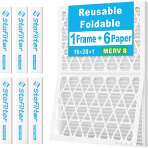 16x20x1 Air Filter, 6 Pack MERV 8 Replaceable Filter Media and 1 Reusable ABS Plastic Frame, Greener HVAC AC Furnace Air Filters MPR 700&FPR 5(Actual Size:15.67"x19.69"x0.79")