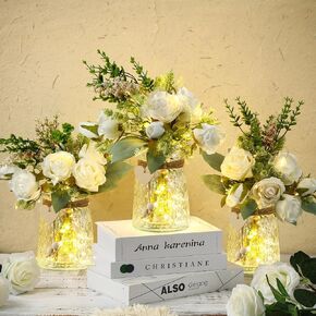 3 Sets Artificial Flowers in Vase Wedding Faux Silk Roses Flower with Vase and LED String Light White Fake Flower Arrangement for Table Centerpieces Spring Home Dining Bathroom Kitchen Decor
