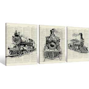 Vintage Steam Train Locomotive Transport Railroad Railway Trip Dictionary Art Canvas Art Prints Artwork Signs Framed for Home Bedroom Living Room Office Decor,11x14 inch Set of 3,Train Lovers Gift