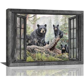 YOSHANA Black Bear Wall Art Window Animal Canvas Prints Forest Bears Pictures Painting Framed Artwork Office Home Decor for Bathroom Bedroom Dining Living Room Kitchen 16""x12""