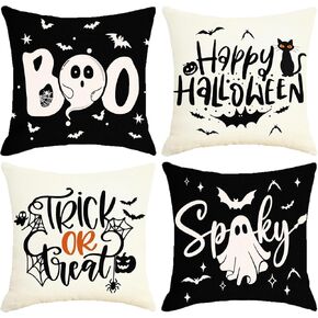 Sunboom Halloween Pillow Covers 18x18 Set of 4, Halloween Farmhouse Decor Throw Pillow Cases, Boo Ghost Spooky Spider Cat Cute Pillow Covers, Halloween Decorations for Home Couch