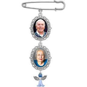 Something Blue Wedding Bouquet Photo Charm Double Frame Pin Lacy Oval Bridal Charm, Silver Plate