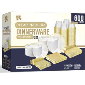 R-kay 600pcs Plastic Dinnerware Set 100 Guest, Clear Disposable Plates, Gold Party Plates Sets For 100 Guests, Wedding Plates Disposable Set 100 Guests Incl. Clear Gold Plastic Plates, Cups, Cutlery.