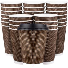 Promora Brown Disposable Coffee Cups With Lids 16 oz, Premium Insulated Paper Ripple Cups for Hot Coffee, Paper Cups 16 oz Coffee Cups 16 oz, Hot Cups With Lids 16 oz, Paper Coffee Cups (80 Pack)