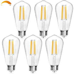 Dimmable Edison Light Bulbs 60 Watt Equivalent, 6W 800LM E26 Vintage LED Light Bulb, 2700K Soft Warm White, ST58 Antique LED Filament Bulbs for Bedroom, High CRI 90+, Clear Glass, Pack of 6