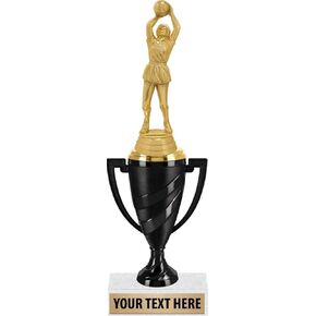 Crown Awards Netball Award Trophies, 10" Black Swirl Cup Trophy with Netball Female Figure, Engraving Included Prime