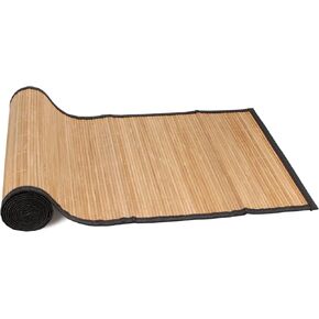 BambooMN Natural Brown Slat Bamboo Table Runner with Fabric Border, Home Décor, Brown w/ Black Border - 2 Piece