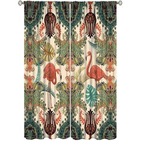 Bohemian Flamingo Curtains, Boho Vintage Ethnic Tropical Birds Design Blackout Window Treatment for Living Room, Wine Red and Hunter Green 21" W x 45" L x2