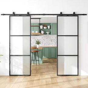 SmartStandard 42in x 84in Frosted Glass Barn Door with Hardware Kit Included and Soft-Close,Sliding Barn Door with Metal Frame Door Guides Waterproof & Quiet,Pre-Drilled Holes Easy Assembly