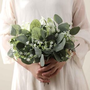 20pcs Artificial Eucalyptus Leaves Stems,Faux Oval Eucalyptus Leaves with White Seeds Short Silver Dollar Artificial Flowers for Floral Wreath Garland Bouquets Arrangement Wedding Greenery Decoration