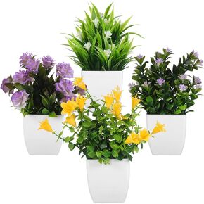 Milisten 4 Pcs Fake Plants, Artificial Faux Plants with Flowers, Artificial Potted Plants, Spring Grass, Orchid Rose, Eucalyptus Morning Glory, Magnolia Lilac for Home Indoor Table Bathroom