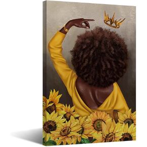 Black Queen Poster African American Wall Art Black Girl Sunflower Canvas Prints Elegant Afro Women and Yellow Flowers Black Art Wall Decor for Bathroom Living Room Bedroom, Unframed 16X24Inch