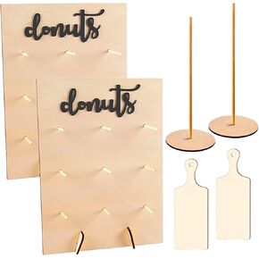 6 Pack Donut Stand Set Includes 2 Donut Wall 2 Donut Display Stand 2 Donut Board, Doughnut Wall, Decorative Doughnut and Bagel Holder for Birthday, Wedding, Baby Shower, Party, Wood