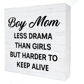 Boy Mom Less Drama Than Girls But Harder to Keep Alive Wood Box Sign Decor Rusitc Wooden Box Signs with Sayings Desk Decoration Farmhouse Home Desk Shelf Decor Sign (5 x 5 Inches)