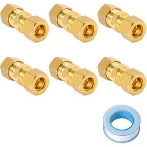 SUNGATOR 6-Pack Tube Fitting, Brass Compression Union 3/8" x 3/8" Tube OD with a Sealing Tape