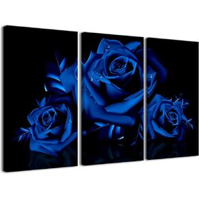Blue Rose Wall Art,3 Piece Royal Blue Rose Flowers Blossom on the Black Background Canvas Print Wall Art for Living Room Bedroom Wall Painting Decoration Modern Artwork